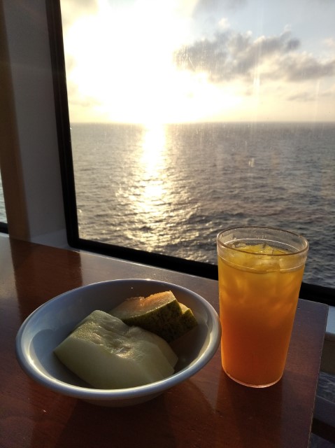 Fruits and 2nd cup of freshly-squeezed orange juice at Windjammer Breakfast Buffet Quantum of the Seas