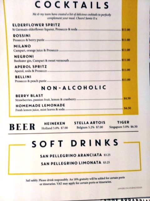 Drinks available at Jamie's Italian Quantum of the Seas Menu