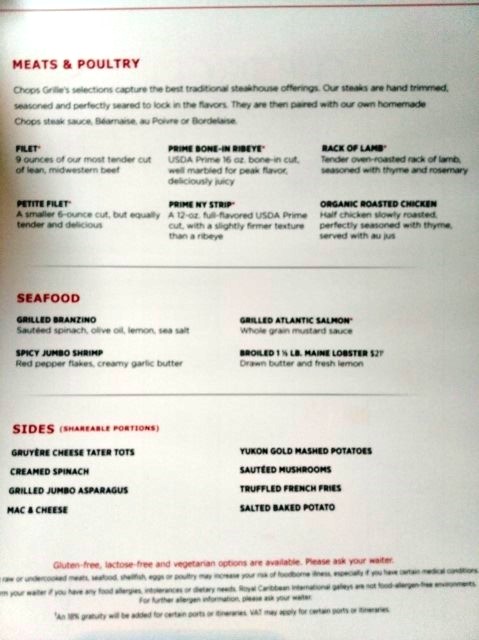 Chops Grille Menu (Meats and Poultry, Seafood and Sides) - Quantum of the Seas