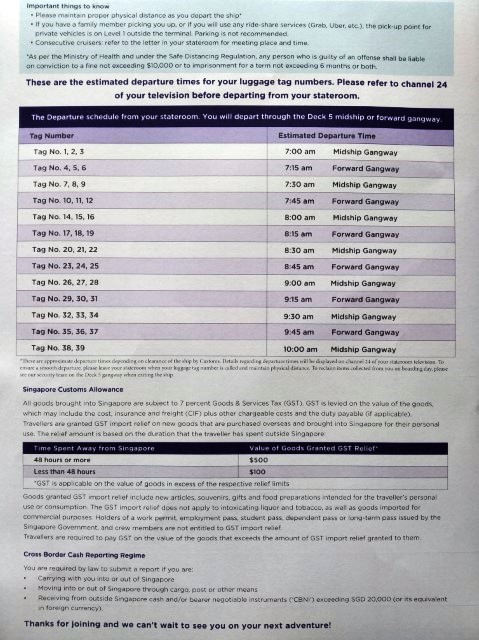 Instructions for Departure Quantum of the Seas Cruise to Nowhere - Allocated numbers and timing for departure