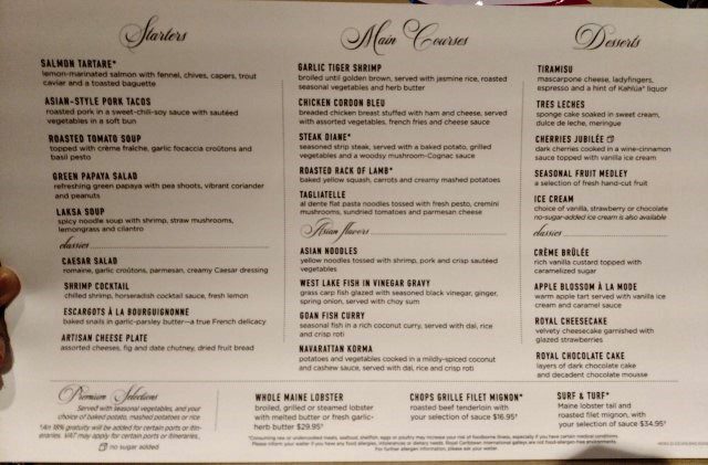 Main Dining Room Menu Quantum of the Seas Royal Caribbean Cruise to Nowhere