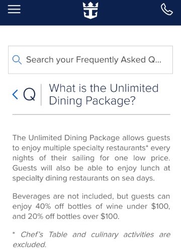 Description of Royal Caribbean Cruise Unlimited Dining Package
