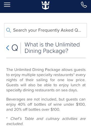 Description of Royal Caribbean Cruise Unlimited Dining Package