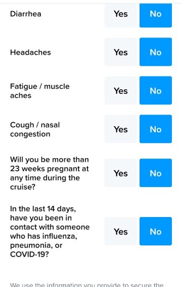 Royal Caribbean Cruise Health Questionnaire to be filled 24 hours before departure for Cruise to Nowhere