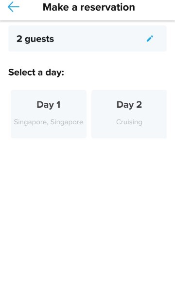 Selecting the day for dining at the Specialty Dining Restaurant via the Royal App