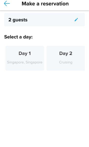 Selecting the day for dining at the Specialty Dining Restaurant via the Royal App