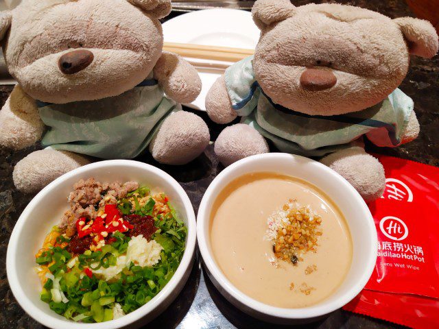 Haidilao sauce and sesame dipping sauce from Hai Di Lao Hot Pot