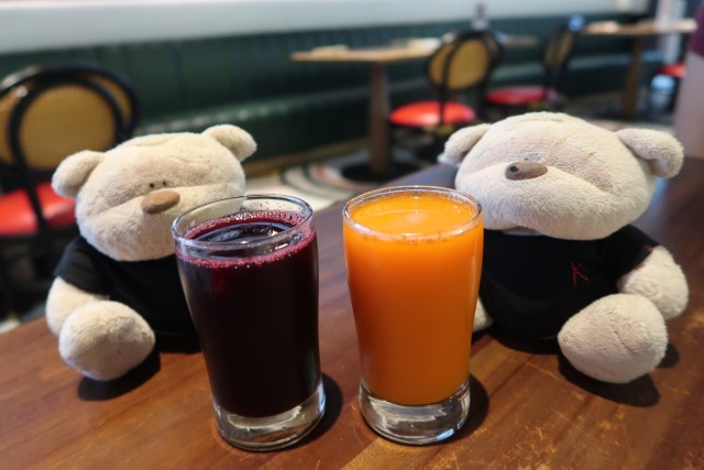 Complimentary beet root and orange juice for breakfast at Prego Fairmont Singapore