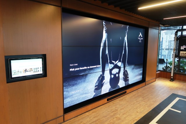 HUGE screen at The Clan Hotel Sky Gym for work out videos