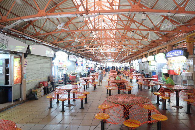 Inside Maxwell Food Centre during Phase 3 Heightened Alert where dining out is prohibited