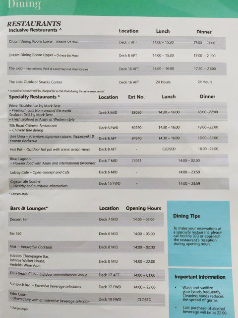 Dream Daily Genting Dream Cruises Programme Sheet Day 1 (4 of 4)