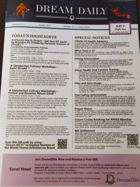 Dream Daily Genting Dream Cruises Programme Sheet Day 2 (1 of 4)