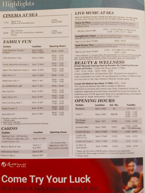 Dream Cruises Dream Daily Programme Sheet (2 of 4)