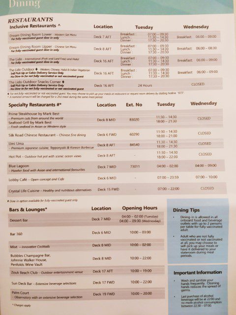 Dream Cruises Dream Daily Programme Sheet (3 of 4)