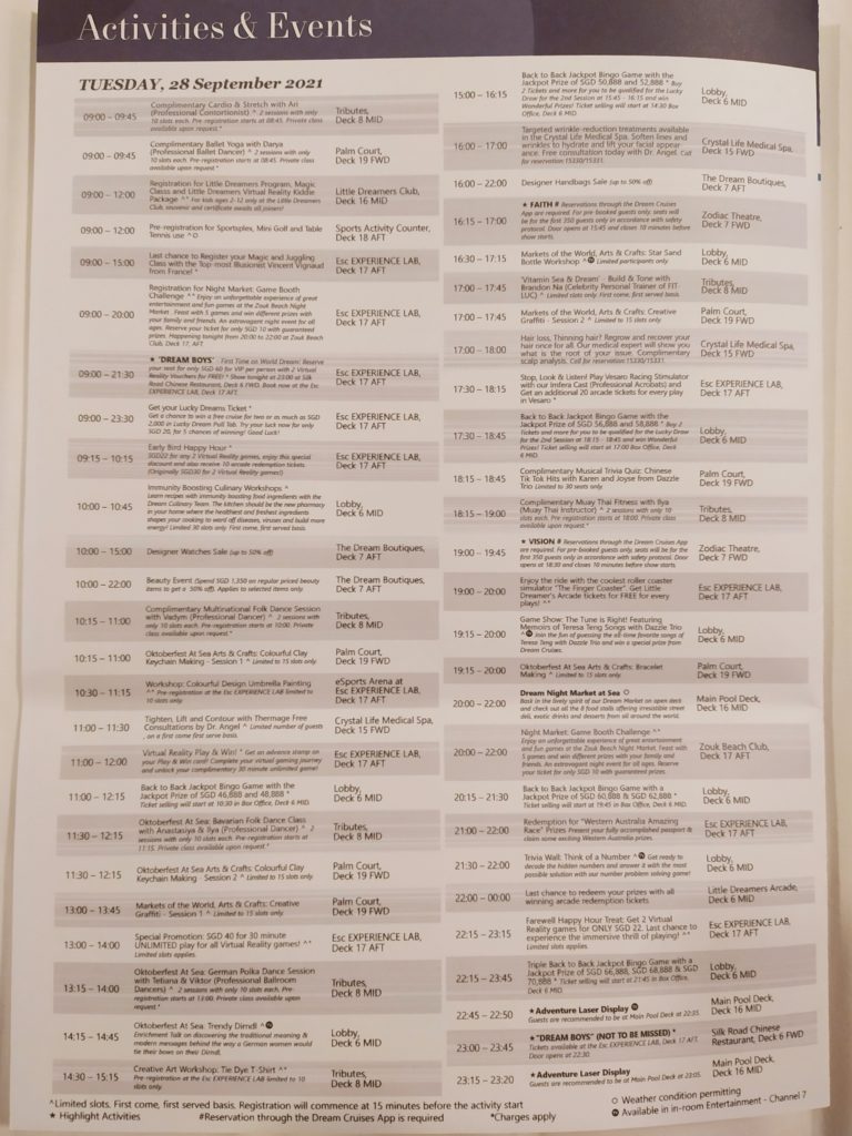 Dream Cruises Dream Daily Programme Sheet (4 of 4)