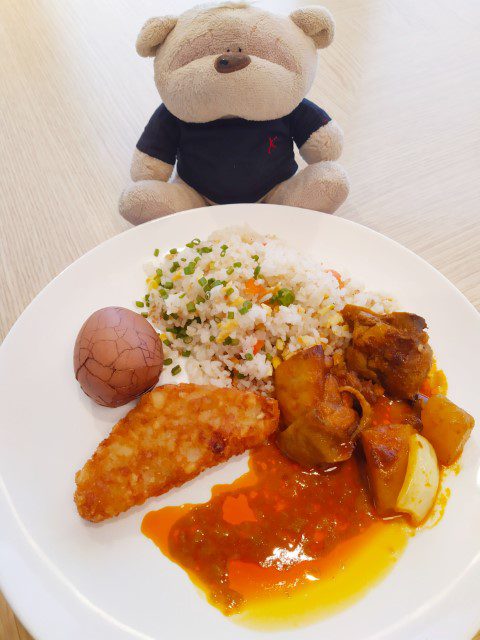 Fried rice curry chicken and tea egg from breakfast at the Lido World Dream