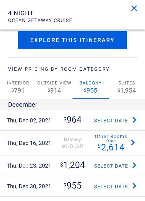 Balcony Stateroom prices for Dec 2021 Cruise To Nowhere