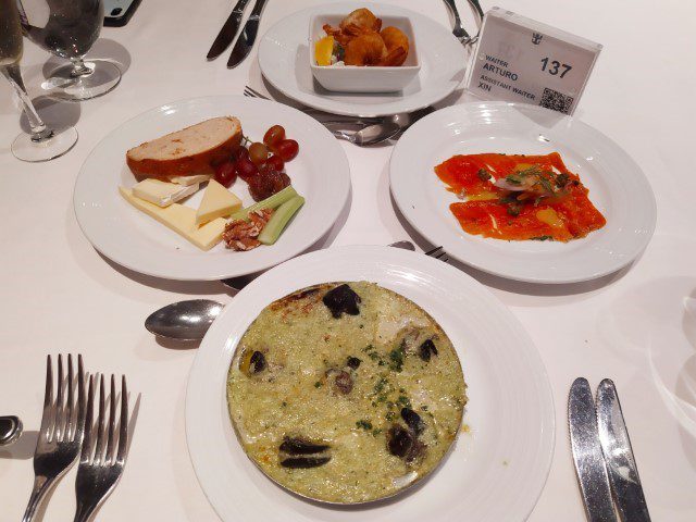 Royal Caribbean Cruise Appetizers (Crispy coconut shrimp, salmon gravlax, escargot, cheese plate)