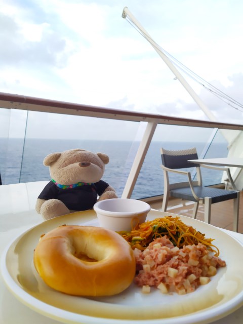 Breakfast at Windjammer Royal Caribbean Cruise to Nowhere (bagels and corned beef hash)