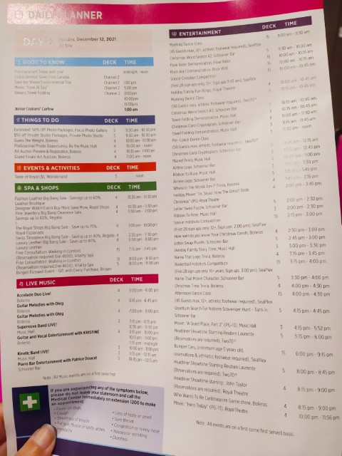 Compass Cruise (Royal Caribbean Cruise Program Sheet) Day 4 - Activity Times