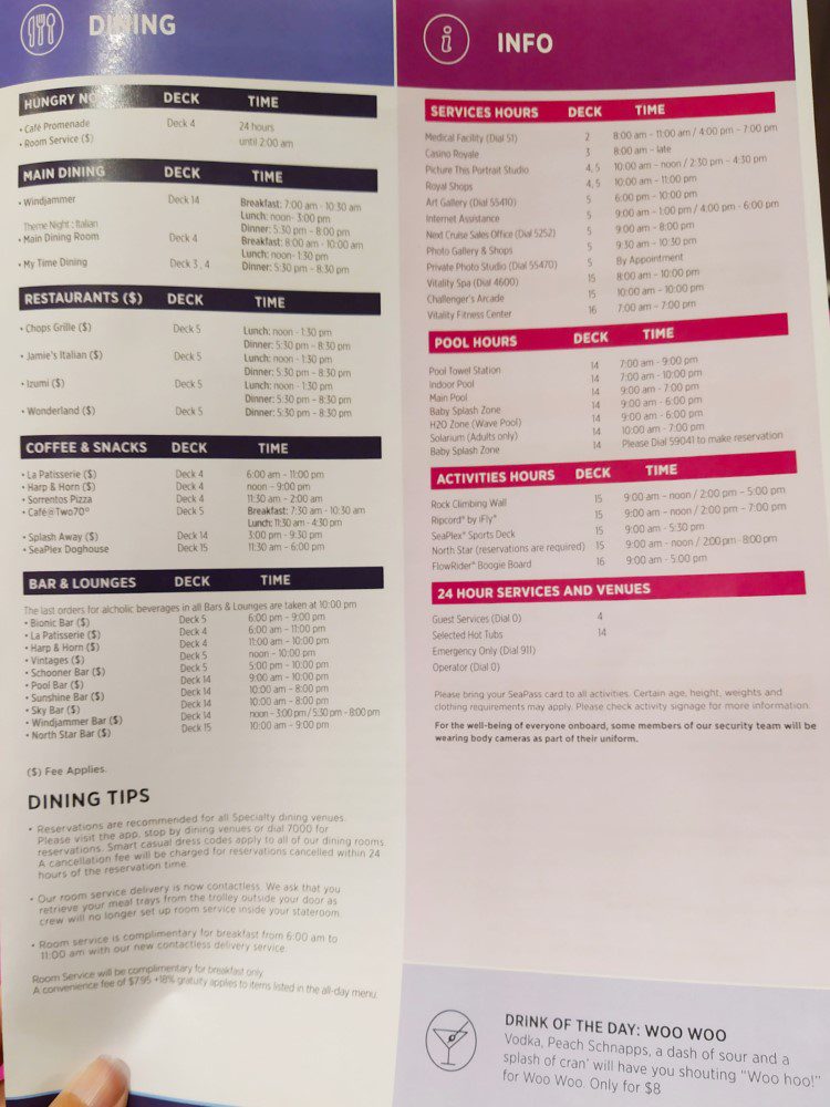 Compass Cruise (Royal Caribbean Cruise Program Sheet) Day 4 - Opening Hours