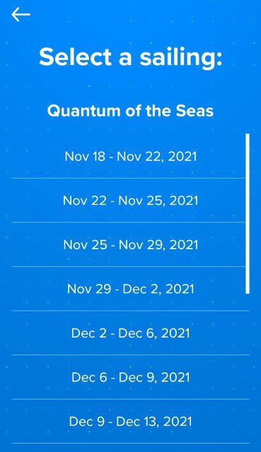 Select date of sailing to view menu and activities while Quantum of the Seas is on the current Cruise To Nowhere
