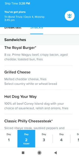 Royal Caribbean Cruise Room Service Menu (Royal Burger, Grilled Cheese, Philly Cheese Steak)