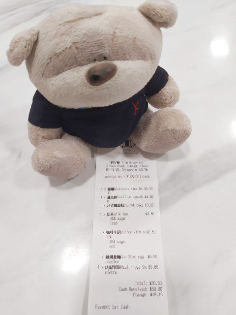 Total Bill of $30.90 at True Breakfast Cuppage Plaza Singapore