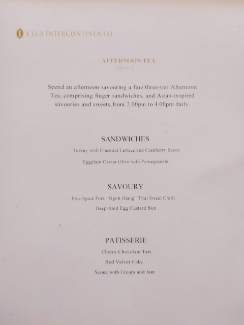 InterContinental Singapore Club Room Afternoon Tea Food Menu
