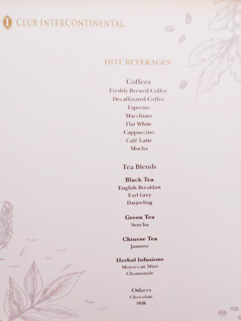 InterContinental Singapore Club Room Afternoon Tea Beverage Menu