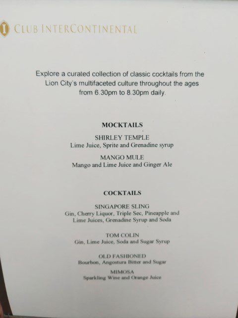 Evening Cocktails Menu (Cocktails) InterContinental Singapore Club Room Benefits