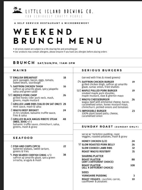 Little Island Brewing Company Weekend Brunch Menu