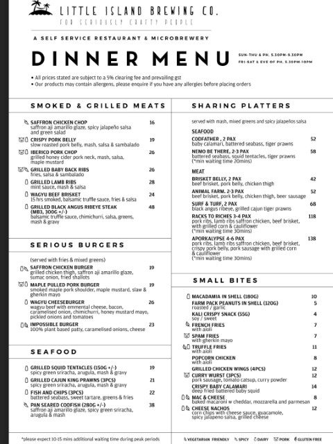 Little Island Brewing Company Dinner Menu