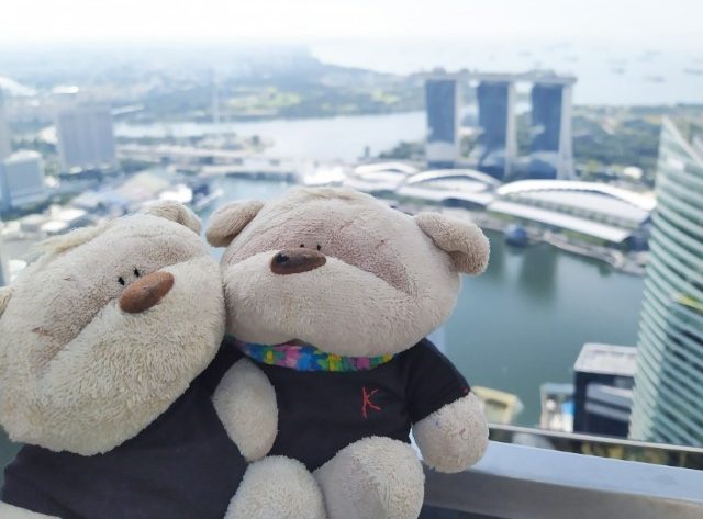 2bearbear and view of Marina Bay from CapitaSpring Singapore's highest observatory