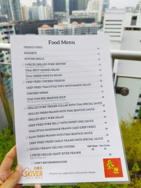 Skiver Sky Bar Food Menu