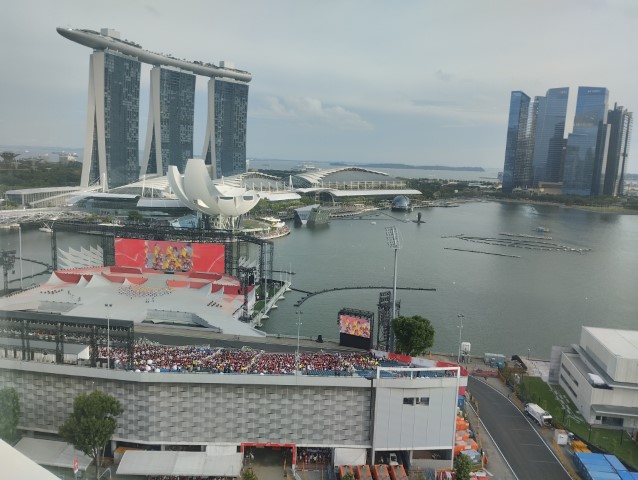 Crowds getting seated at the Float @ Marina Bay as seen from Mandarin Oriental Singapore Marina Bay View Room