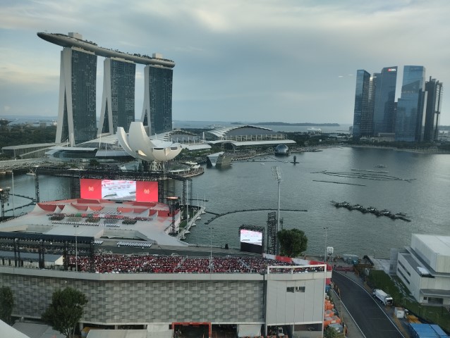 Parade formed up during NDP preview seen from Mandarin Oriental Singapore Marina Bay View Room
