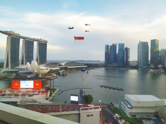 National Day Flag Fly Past as seen from Mandarin Oriental Singapore