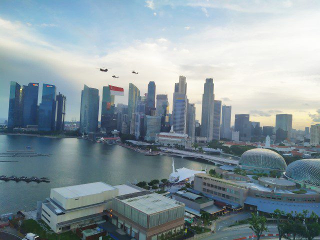 National Day Flag Fly Past as seen from Mandarin Oriental Singapore Marina Bay View