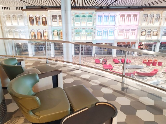 Lounge seats overlooking Heritage Zone with Peranakan Houses from Blossom Lounge Terminal 4 