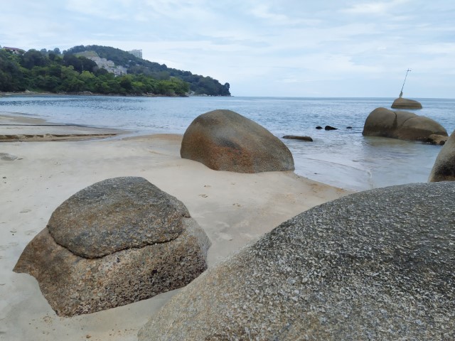 Close up of beach and "Elephant Rocks" at Batu Ferringhi Beach opposite DoubleTree Hilton Penang