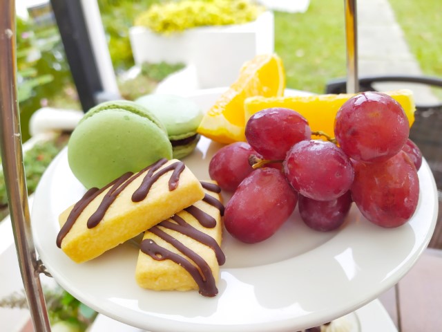David Brown's Hilltop Garden Restaurant Afternoon Tea - macarons and fruits