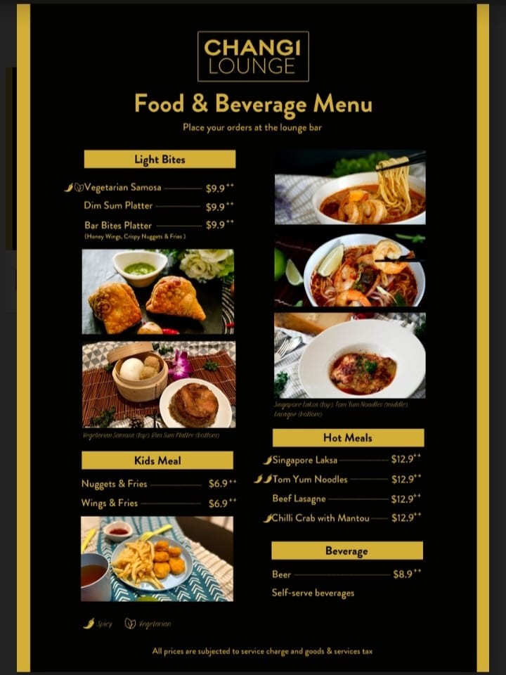 Changi Lounge Food and Beverage Menu