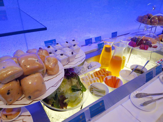 Oman Air First & Business Class Lounge Review - Salads, Sandwiches, Cheeses, Salads, Fruits and Juices