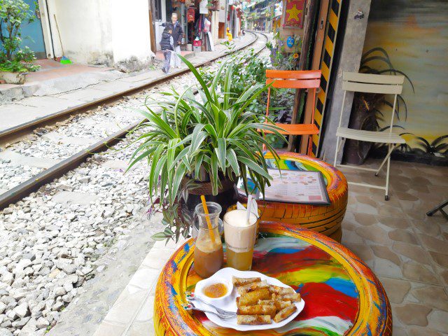 What we ordered from Railway Cafe Hanoi - Egg Beer, Crazy Train Coffee and Nem Ran (Fried Spring Roll)