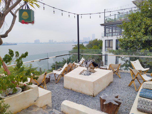 Roof top of Tree Bee Coffee overlooking Ho Tay Lake Hanoi