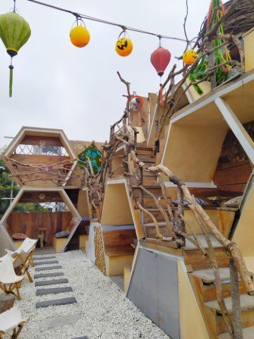 Hexagonal Beehive-like seats at roof top of Tree Bee Coffee Hanoi!