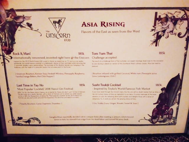 Unicorn Pub Hanoi Asia Rising Cocktail Menu