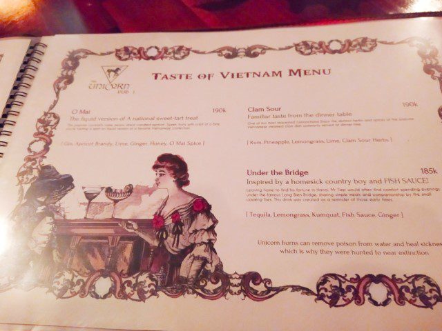 Unicorn Pub Hanoi Taste of Vietnam Cocktail Menu