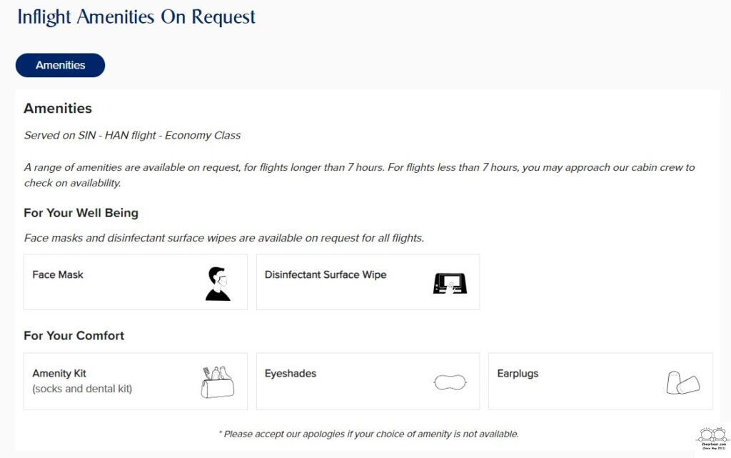 SQ Inflight Menu Amenities